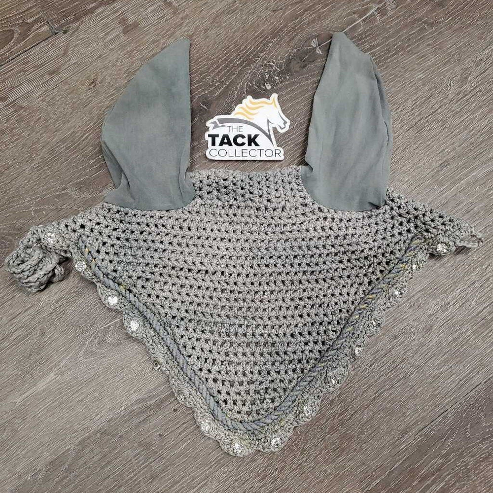 Crochet Ear Bonnet Fly Veil, 1x piping, bling, string *vgc/gc, stain, clean, piping: peeled?stained
