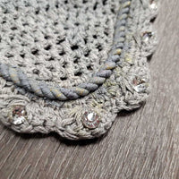Crochet Ear Bonnet Fly Veil, 1x piping, bling, string *vgc/gc, stain, clean, piping: peeled?stained
