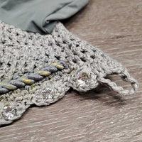 Crochet Ear Bonnet Fly Veil, 1x piping, bling, string *vgc/gc, stain, clean, piping: peeled?stained

