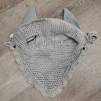 Crochet Ear Bonnet Fly Veil, 1x piping, bling, string *vgc/gc, stain, clean, piping: peeled?stained
