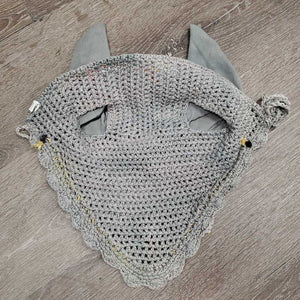 Crochet Ear Bonnet Fly Veil, 1x piping, bling, string *vgc/gc, stain, clean, piping: peeled?stained