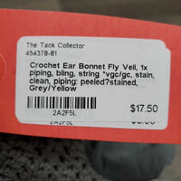 Crochet Ear Bonnet Fly Veil, 1x piping, bling, string *vgc/gc, stain, clean, piping: peeled?stained
