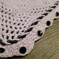 Crochet Ear Bonnet Fly Veil, piping, bling, string *gc, curled, add on bling, mnr stains

