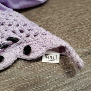 Crochet Ear Bonnet Fly Veil, piping, bling, string *gc, curled, add on bling, mnr stains