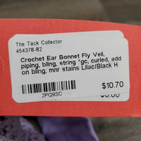 Crochet Ear Bonnet Fly Veil, piping, bling, string *gc, curled, add on bling, mnr stains
