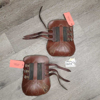 Pr Open Front Boots, buckles *gc/fair, older, folded & bent lining, dirt, residue, torn edge, scrapes, curled edge