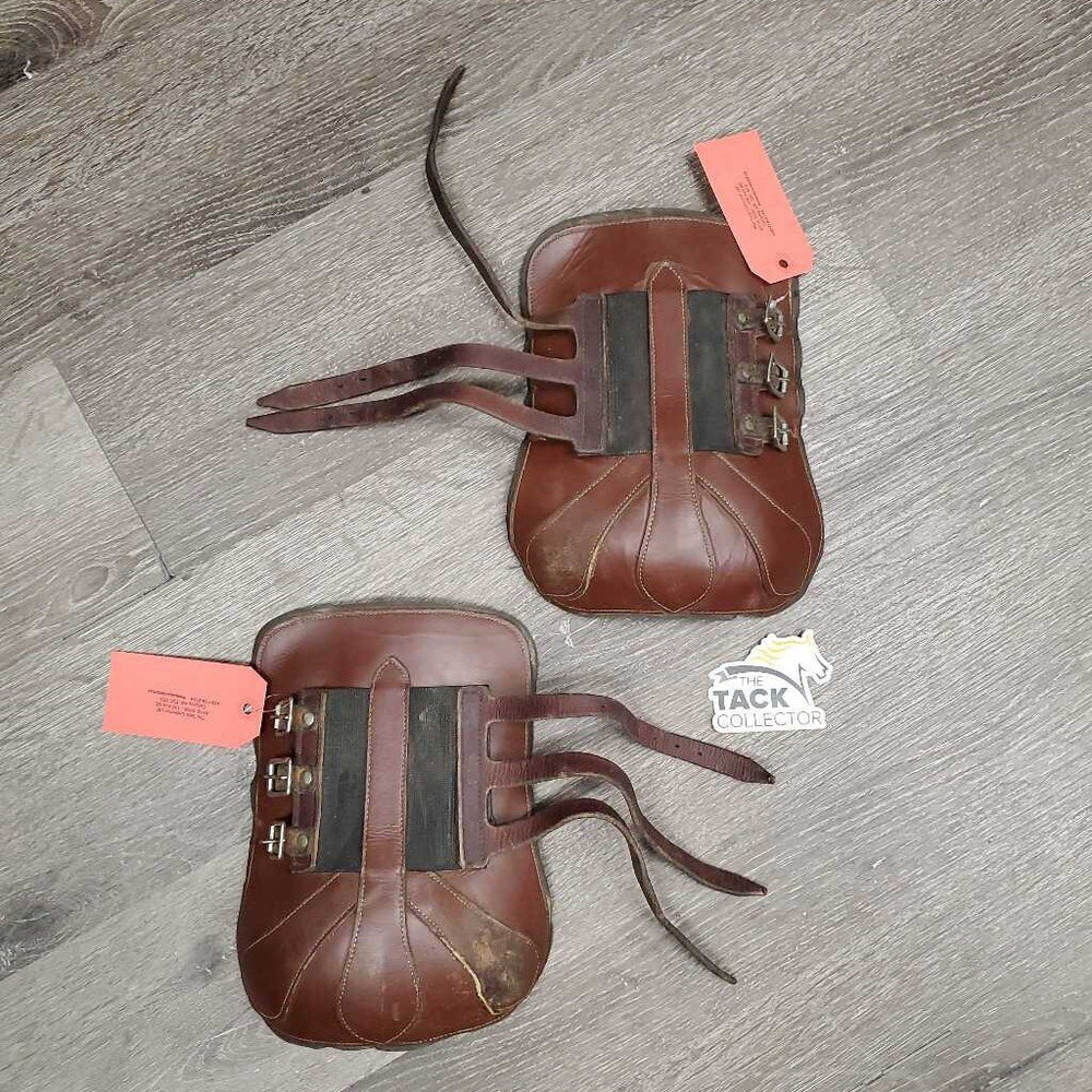 Pr Open Front Boots, buckles *gc/fair, older, folded & bent lining, dirt, residue, torn edge, scrapes, curled edge