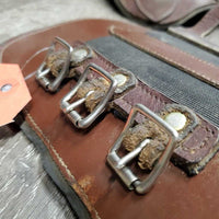Pr Open Front Boots, buckles *gc/fair, older, folded & bent lining, dirt, residue, torn edge, scrapes, curled edge
