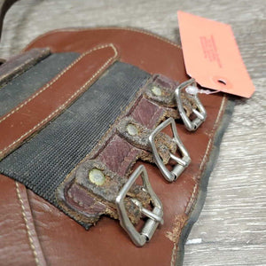 Pr Open Front Boots, buckles *gc/fair, older, folded & bent lining, dirt, residue, torn edge, scrapes, curled edge