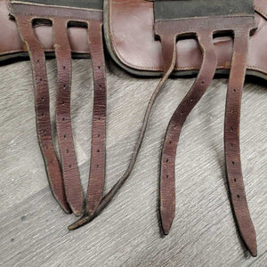Pr Open Front Boots, buckles *gc/fair, older, folded & bent lining, dirt, residue, torn edge, scrapes, curled edge