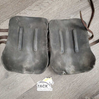 Pr Open Front Boots, buckles *gc/fair, older, folded & bent lining, dirt, residue, torn edge, scrapes, curled edge
