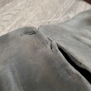 Pr Open Front Boots, buckles *gc/fair, older, folded & bent lining, dirt, residue, torn edge, scrapes, curled edge
