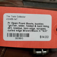 Pr Open Front Boots, buckles *gc/fair, older, folded & bent lining, dirt, residue, torn edge, scrapes, curled edge
