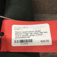 Fleece Lined Canvas Stable Blanket, 2 legs *gc, clean, mnr hair, faded, repairs, snags, marker
