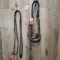 Wide Thick Padded Monocrown Dressage Bridle, Crank, Braided Reins, Clinker *gc, threads, clean, mnr film?dirt, broken laces
