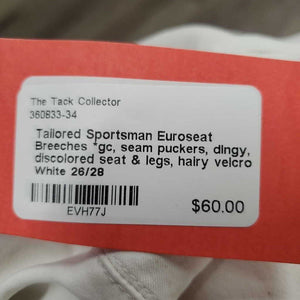 Euroseat Breeches *gc, seam puckers, dingy, discolored seat & legs, hairy velcro