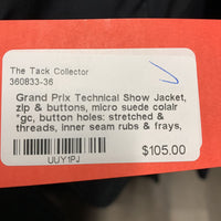 Technical Show Jacket, zip & buttons, micro suede colalr *gc, button holes: stretched & threads, inner seam rubs & frays, puckers, faded?, thread