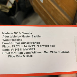 17" MW - Adj *5.5" NSC Aotearoa Close Contact Saddle, NSC Burgundy Cover, 2 Billet Guards, 4 Velcro Blocks, Wool Flocking, Front & Rear Gusset Panels, Flaps: 13.5"L x 14.25"W Serial #: 54911 MW GPX