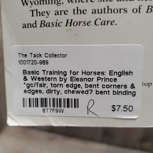 Basic Training for Horses: English & Western by Eleanor Prince *gc/fair, torn edge, bent corners & edges, dirty, chewed? bent binding