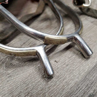 POW Spurs, Engraved & Bling Sides, narrow Leather Spur Straps, "R Duxbury" *gc, clean, scratches, missing bling, mnr dirt, yellowed?, strap twists & bends
