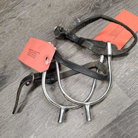 POW Spurs, Engraved & Bling Sides, narrow Leather Spur Straps, "R Duxbury" *gc, clean, scratches, missing bling, mnr dirt, yellowed?, strap twists & bends
