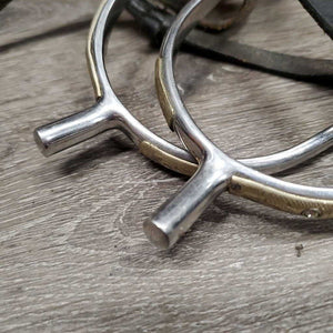 POW Spurs, Engraved & Bling Sides, narrow Leather Spur Straps, "R Duxbury" *gc, clean, scratches, missing bling, mnr dirt, yellowed?, strap twists & bends