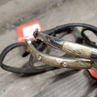POW Spurs, Engraved & Bling Sides, narrow Leather Spur Straps, "R Duxbury" *gc, clean, scratches, missing bling, mnr dirt, yellowed?, strap twists & bends
