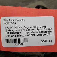 POW Spurs, Engraved & Bling Sides, narrow Leather Spur Straps, "R Duxbury" *gc, clean, scratches, missing bling, mnr dirt, yellowed?, strap twists & bends
