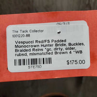 Rsd/FS Padded Monocrown Hunter Bridle, Buckles, Braided Reins *gc, dirty, older, rubsd, mismatched
