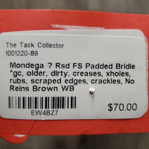 Rsd FS Padded Bridle *gc, older, dirty, creases, xholes, rubs, scraped edges, crackles, No Reins