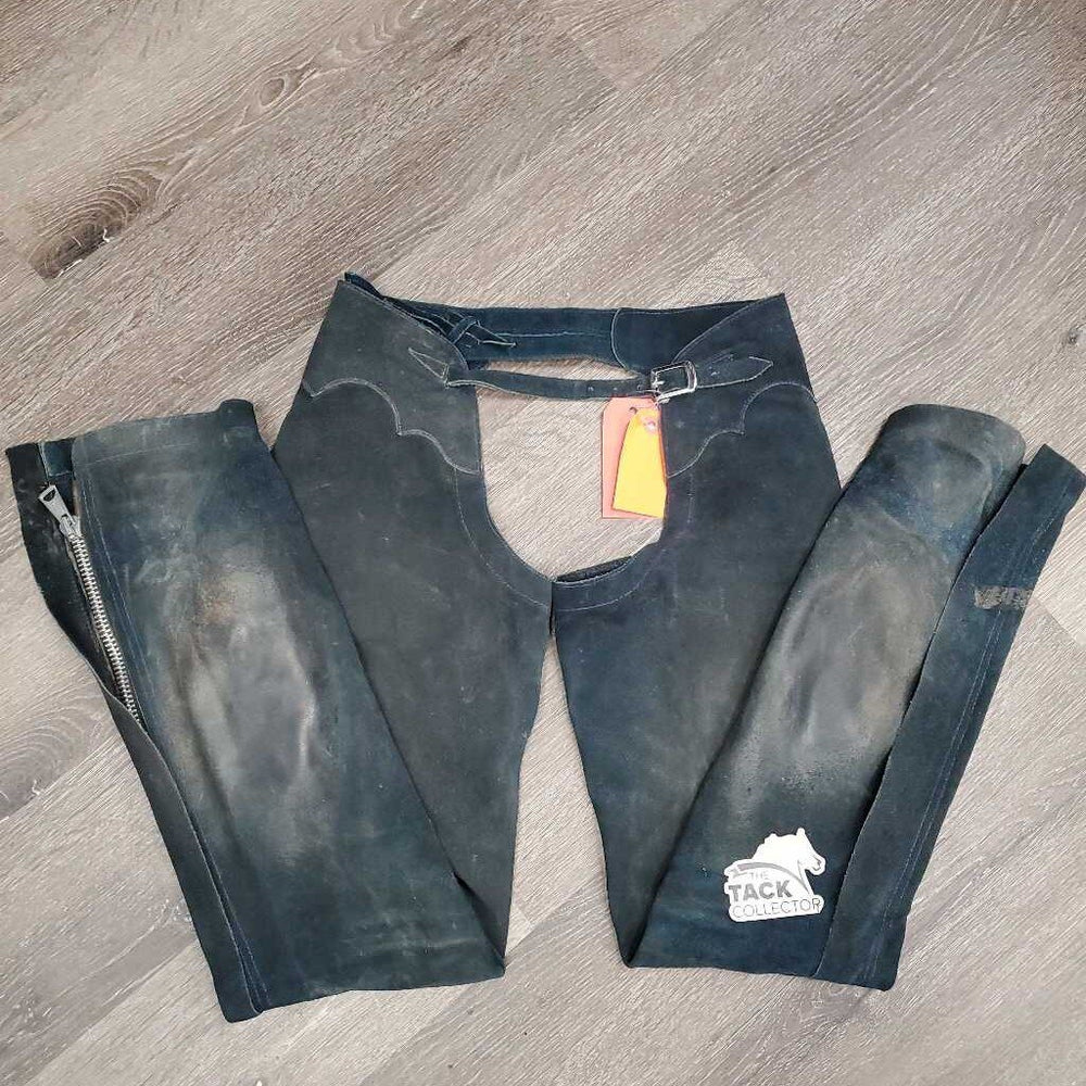 Suede Full Chaps, Lace Back *gc/fair, older, discolored, stains, rubs, scrapes, sm holes, dirty, stiff, faded