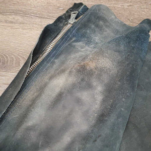 Suede Full Chaps, Lace Back *gc/fair, older, discolored, stains, rubs, scrapes, sm holes, dirty, stiff, faded