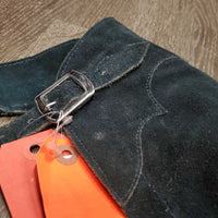 Suede Full Chaps, Lace Back *gc/fair, older, discolored, stains, rubs, scrapes, sm holes, dirty, stiff, faded
