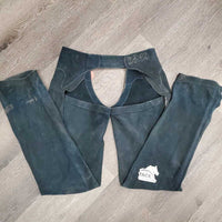 Suede Full Chaps, Lace Back *gc/fair, older, discolored, stains, rubs, scrapes, sm holes, dirty, stiff, faded
