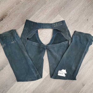 Suede Full Chaps, Lace Back *gc/fair, older, discolored, stains, rubs, scrapes, sm holes, dirty, stiff, faded