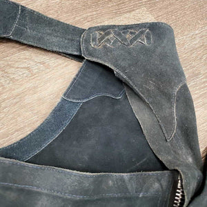 Suede Full Chaps, Lace Back *gc/fair, older, discolored, stains, rubs, scrapes, sm holes, dirty, stiff, faded