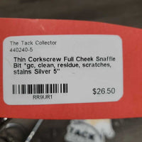 Thin Corkscrew Full Cheek Snaffle Bit *gc, clean, residue, scratches, stains