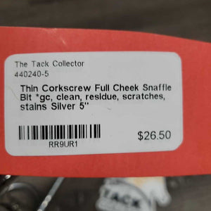 Thin Corkscrew Full Cheek Snaffle Bit *gc, clean, residue, scratches, stains