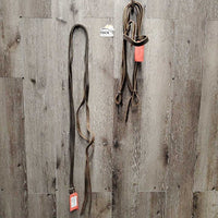 Flat Headstall, Top Buckle, Split Reins, Conway Buckles *gc, clean, scraped edges, older, mnr dirt & rubs