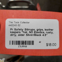 Pr Safety Stirrups, grips, leather keepers *fair, NO Elastics, rusty, dirty, older
