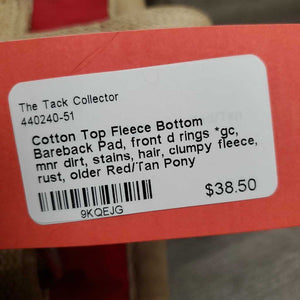 Cotton Top Fleece Bottom Bareback Pad, front d rings *gc, mnr dirt, stains, hair, clumpy fleece, rust, older