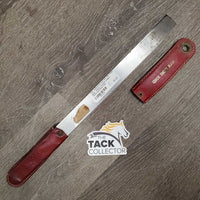 Shedding Blade, leather handles *fair, broken/cut end, mnr dirt, clean, older, sticker, cracked edges, sharp end
