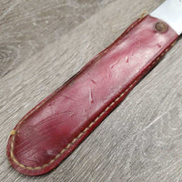 Shedding Blade, leather handles *fair, broken/cut end, mnr dirt, clean, older, sticker, cracked edges, sharp end
