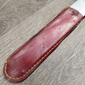 Shedding Blade, leather handles *fair, broken/cut end, mnr dirt, clean, older, sticker, cracked edges, sharp end