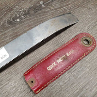 Shedding Blade, leather handles *fair, broken/cut end, mnr dirt, clean, older, sticker, cracked edges, sharp end
