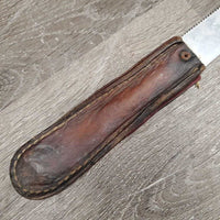 Shedding Blade, leather handles *fair, broken/cut end, mnr dirt, clean, older, sticker, cracked edges, sharp end
