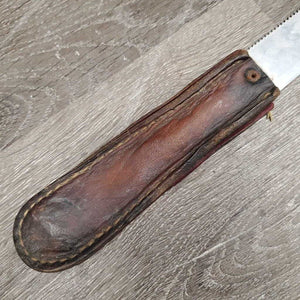 Shedding Blade, leather handles *fair, broken/cut end, mnr dirt, clean, older, sticker, cracked edges, sharp end