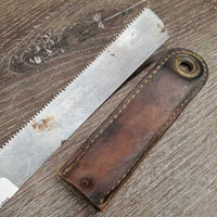 Shedding Blade, leather handles *fair, broken/cut end, mnr dirt, clean, older, sticker, cracked edges, sharp end
