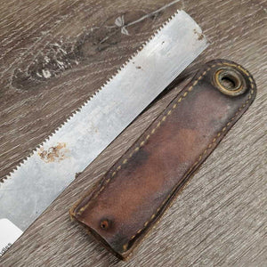 Shedding Blade, leather handles *fair, broken/cut end, mnr dirt, clean, older, sticker, cracked edges, sharp end