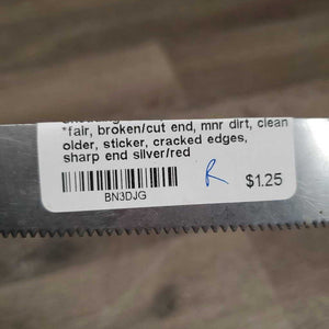 Shedding Blade, leather handles *fair, broken/cut end, mnr dirt, clean, older, sticker, cracked edges, sharp end